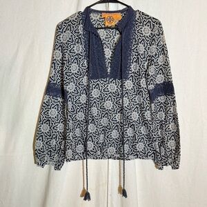 Tory Burch // dark blue, white print cotton popover top size 4 dc1